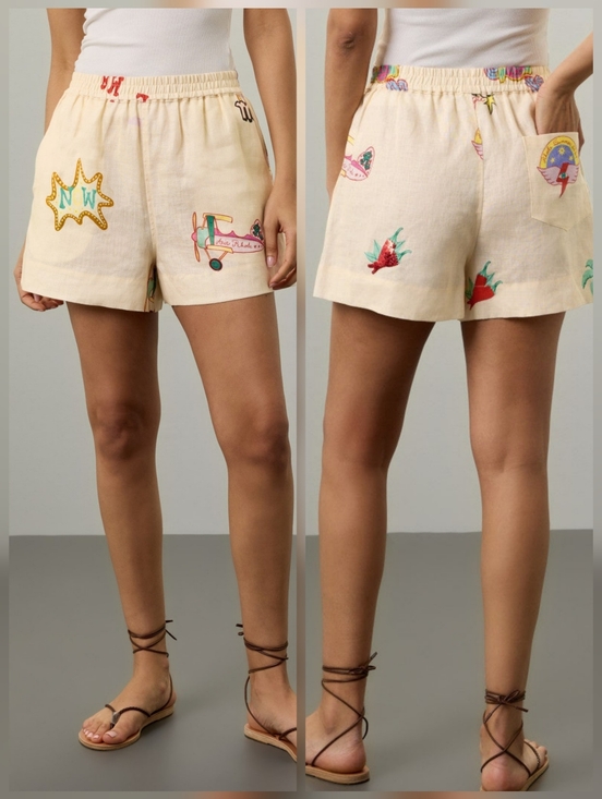 RHODE Pants - RHODE Audrina Short Off-White Graphic Lilen Size M